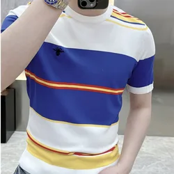 Contrasting Color Splicing Striped Short Sleeve Tshirt Men O-Neck T-shirt Men Clothing Summer T Shirt Casual Tops Tees For Men