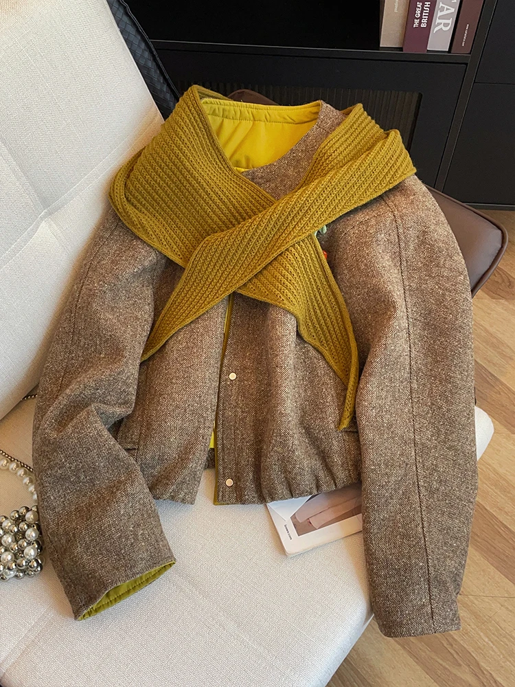 

Loose Round Neck Ladies' Coat Autumn Winter Soild Color All Match Short Tops Retro Daily Long Sleeved Street Jacket