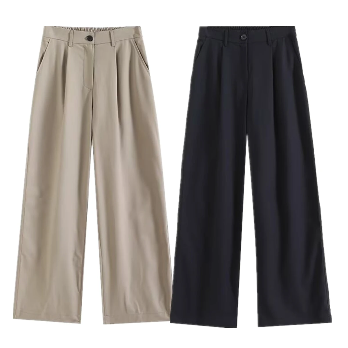 

Withered Fashion Ladies Khaki Navy Blue Casual Pants High Waisted Pants Trousers Women Minimalist Linen Straight Leg