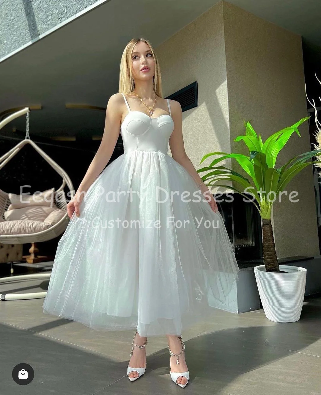 Simple Soft Tulle Midi Prom Party Dresses Customized A Line Spaghetti Strap Short Homecoming Gowns Formal Wedding Party Dress