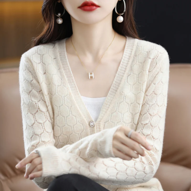 2023 Spring New Women\'s Cardigan 100% Pure Wool Knitted Sweater V-Neck Hollow Out Shirt Female Solid Color Casual Jacket