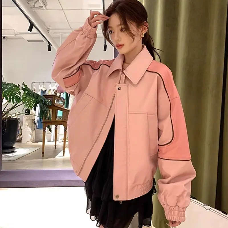 แจ็คเก็ตหนังเบสบอล ผู้หญิง ฤดูใบไม้ร่วง ฤดูหนาว แจ็คเก็ตสไตล์อเมริกันใหม่ ทรงหลวม สวยงาม พรีเมียม แจ็คเก็ตหนังแบบต่อผ้า