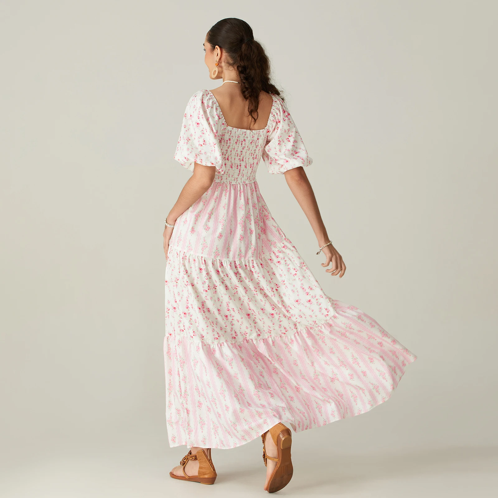 ผู้หญิงฤดูร้อนชุดยาวพิมพ์ลายดอกไม้สแควร์คอแขนสั้นแฟชั่น Casual Bohemian Holiday Beach Dresses
