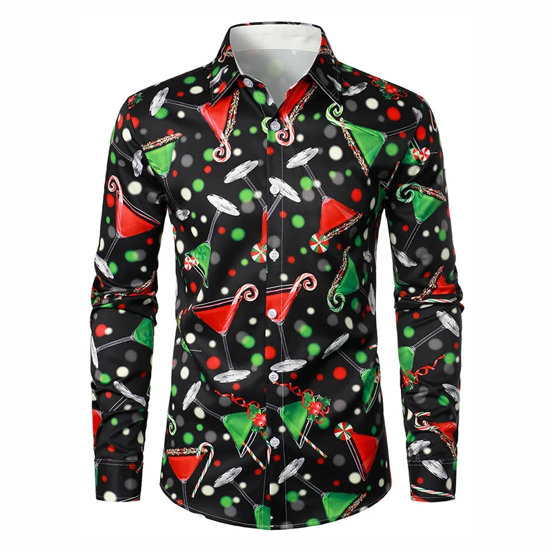 เสื้อเชิ้ตพิมพ์ลายเต็มตัวสำหรับผู้ชาย ลายไวน์ เบียร์ งานเลี้ยง ดนตรี ครอบครัว งานปาร์ตี้ ตลก แขนยาว ติดกระดุม เสื้อคริสต์มาส เสื้อท็อป