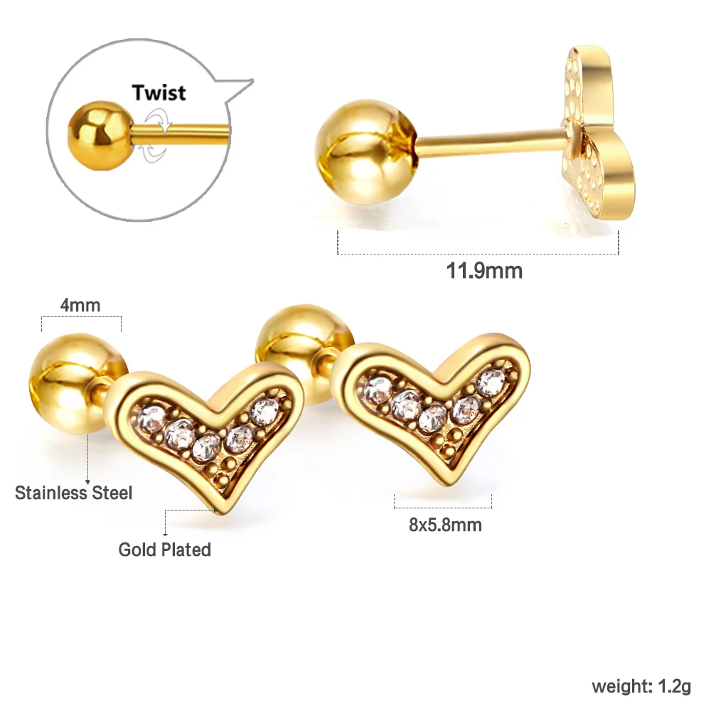 Gold Plated Pave CZ Curved Heart Screw Back Stud Earrings 316L Stainless Steel Hypoallergenic Cartilage Piercing Jewelry Gift