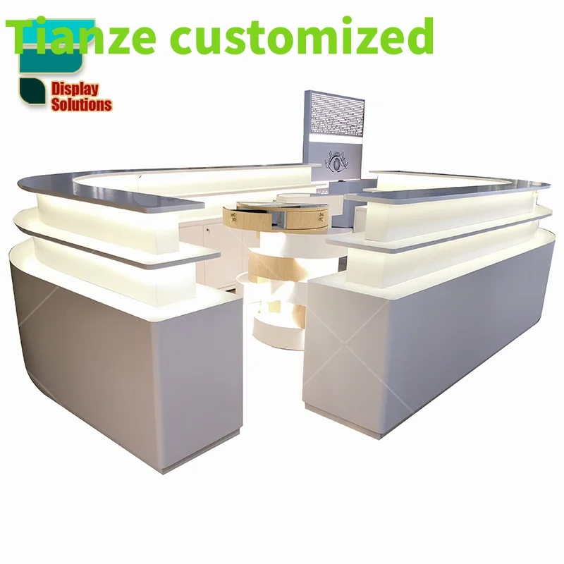 

Customized-New Design Mall Optical Kiosk Round Counter Eyewear Display Lighted Wall Decoration With Logo Front Desk