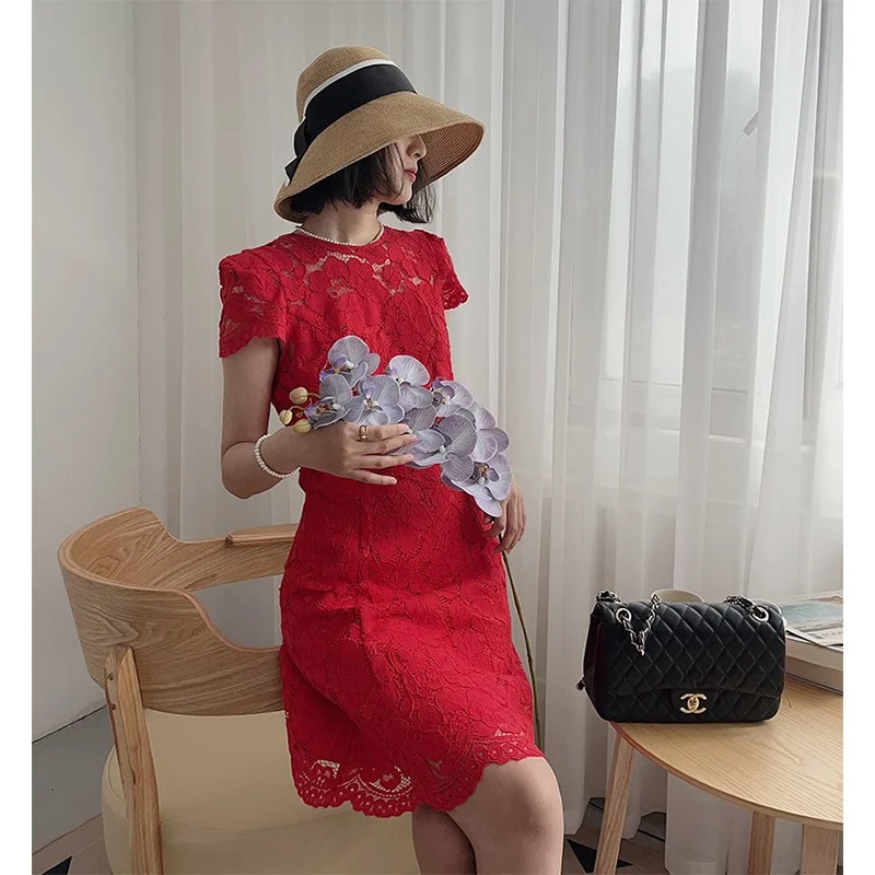 

Stunning Beautiful Women's Summer Red Ruby Nelace Ele Waist-Cinching Lace Floral Patterned Dr A-Line Midi Skirt