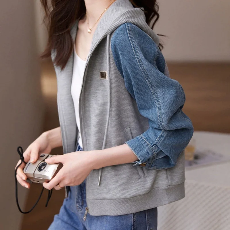 

Повседневный лоскутный топ, осень-зима, новый текстурированный универсальный женский топ с капюшоном и шнурком