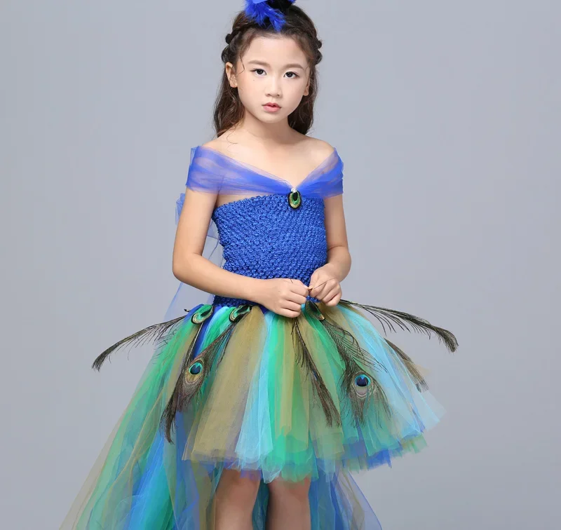 Peacock Dress with Train Tulle For Kids Girls Peacock Feather Toddler Baby Girls Party Clothes for Birthday Photograp