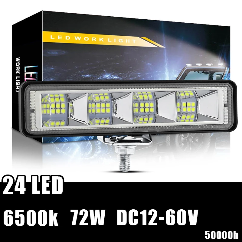 24LED 72W Car Work Light DRL High Bright Spotlight Car Offroad Automobile Truck Night Driving Headlight Fog Lamp DC12V-60V 6500K