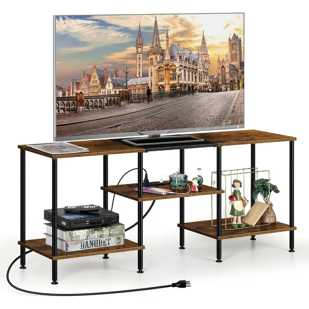 

Small TV Stand for Living Room up to 50 inch Farmhouse TV Media Entertainment Center with Power Outlets & Storage Shelf 45