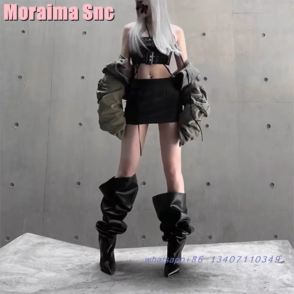 Pointed Toe Pleated Knee High Boots Wide Calf Stiletto High Heel Slip On Fashion Women's Long Boots Autumn Winter Black Solid