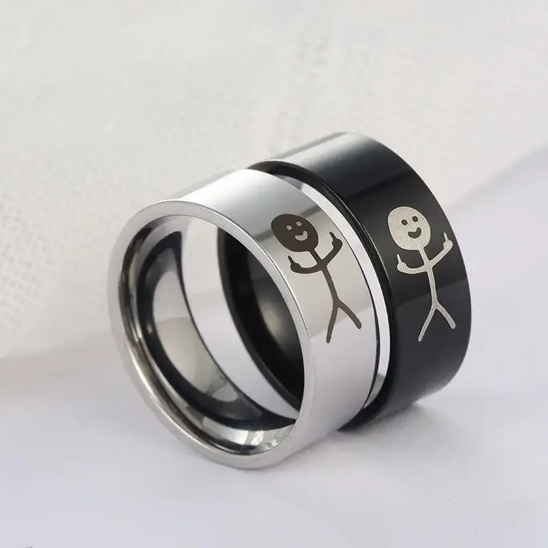 الفولاذ المقاوم للصدأ الاصبع الوسطى Stickman الدائري للرجال النساء زوجين الاتجاه البسيط مضحك الهيب هوب كول خربش خواتم مجوهرات هدايا 8 مللي متر #3