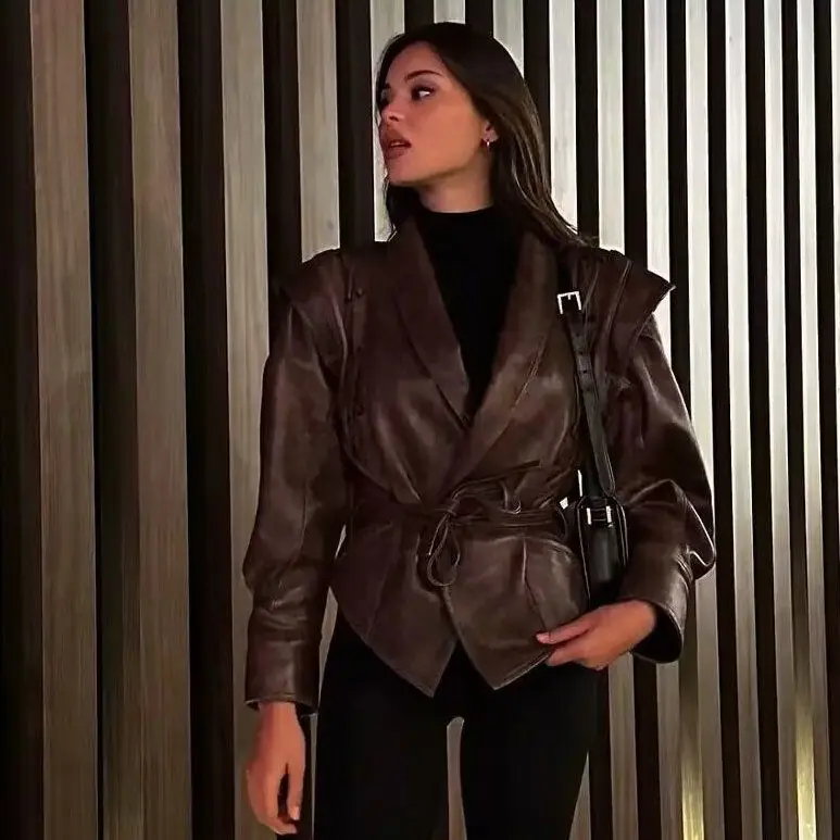 

Fitted Women's PU Leather Jacket Vintage Belted Biker Jacket Asymmetric Motorcycle Jacket