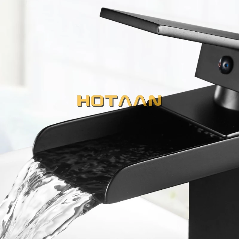 Black Plated Brass Waterfall Bathroom Basin Faucet Square Vanity Sink Mixer Hot & Cold Lavotory Tap Single Handle YT-5018-H