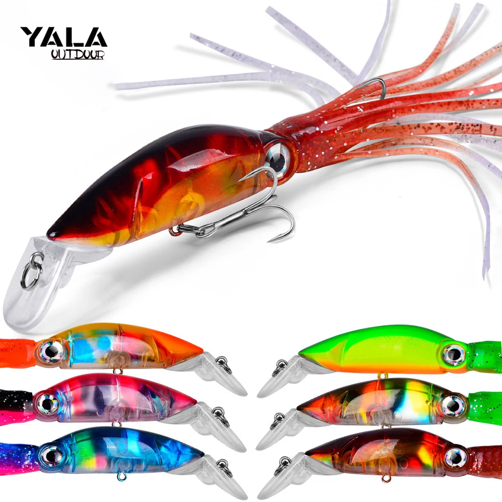 12cm19g Squid Skirts Hard Fishing Lures Lifelike Swimbait Octopus Bait with 2 Treble Minnow Hooks For Saltwater