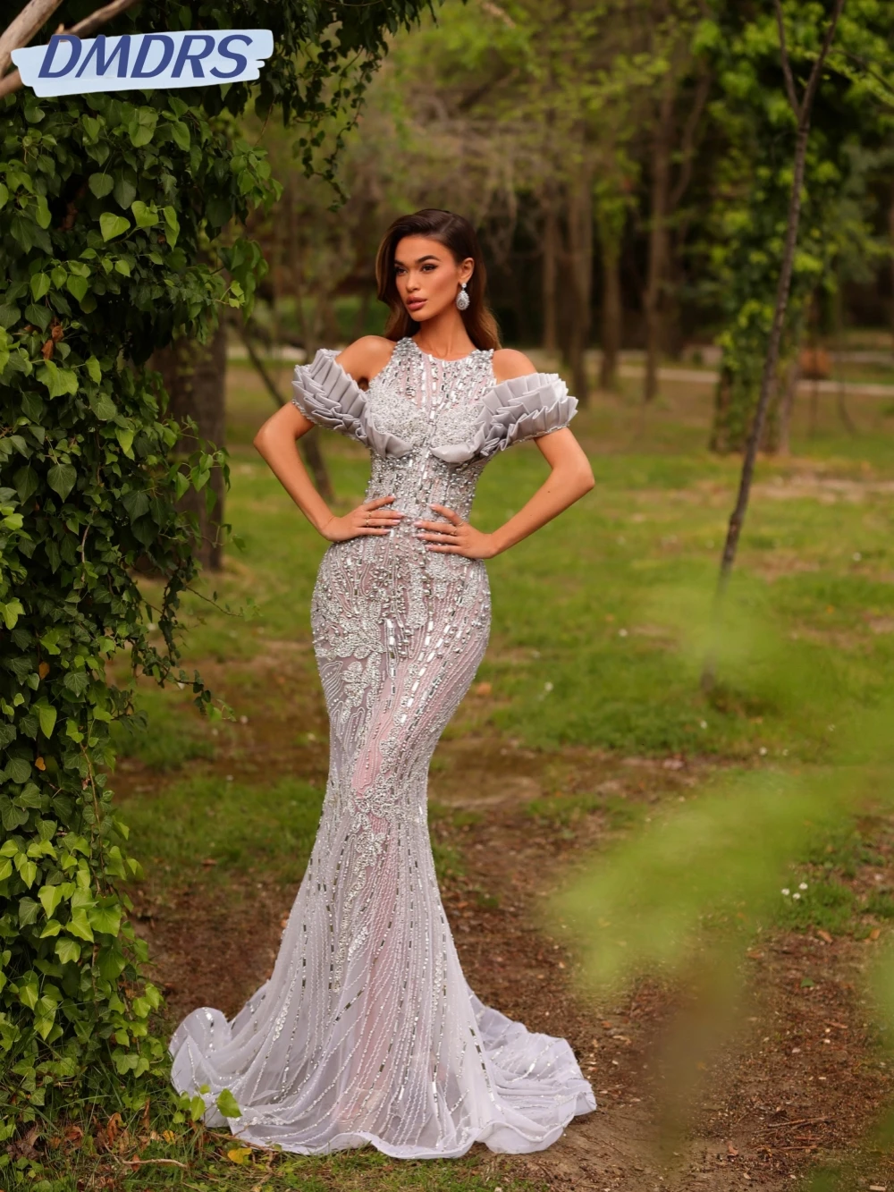 

Opulent Pearls Crystal Off Shoulder Evening Dress Stunning Illusion Mermaid Long Wedding Party Gown Customized New Prom Dresses