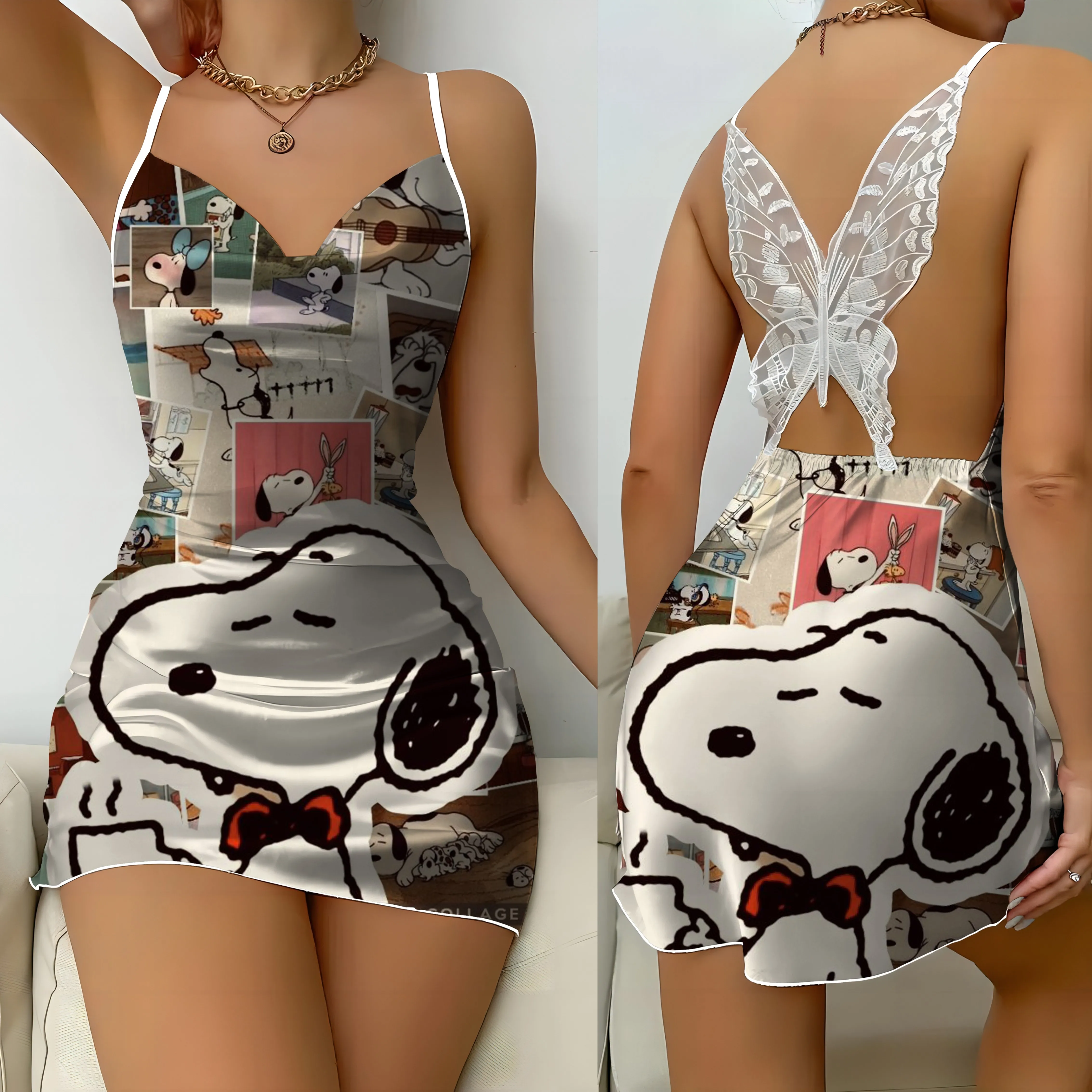 

Elegant and Beautiful Women's Dresses Slip Dress Sexy Woman Clothes 2024 Satin Surface Kawaii Snoopy Bow Knot Pajama Skirt Party