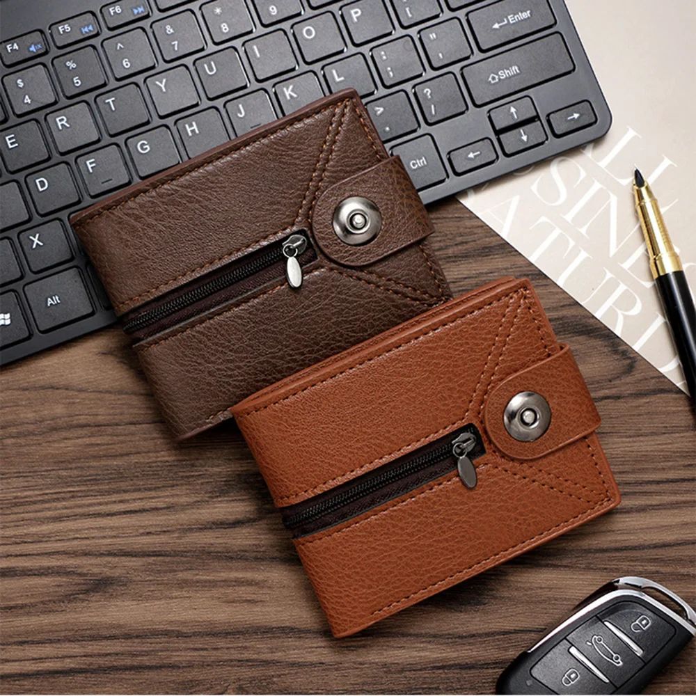 Men's Short Leather Wallet Vintage Zipper Purse ID Bank Credit Card Holder Business Male Wallet Money Bag Horizontal Money Clip