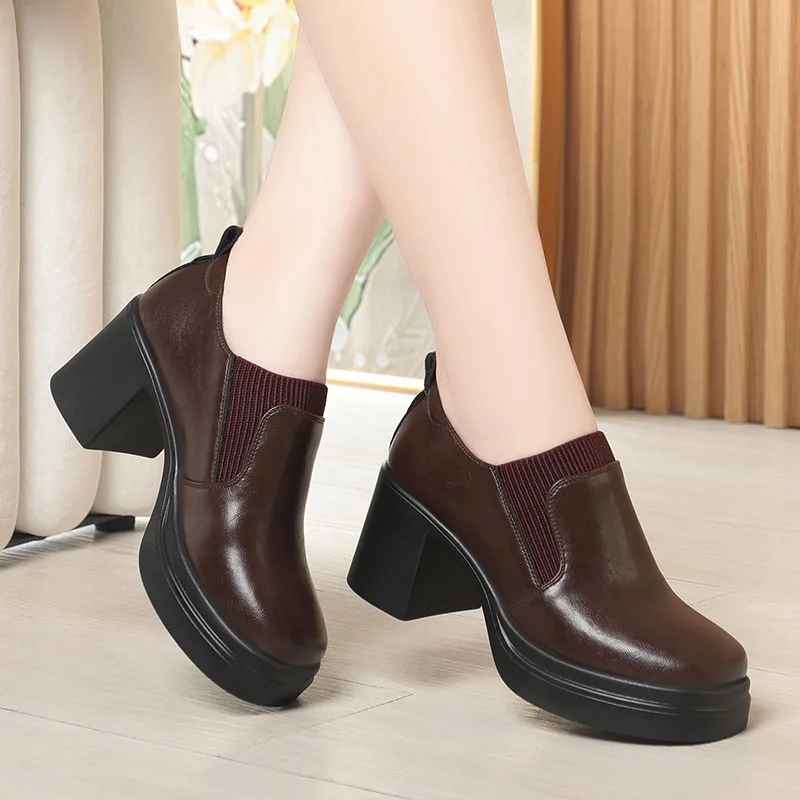 

6.5cm Flexible Deep Mouth Elegant Women's Shoes Spring Autumn 2025 Block High Heel Shoes Stretch Leather for Model Office Dress