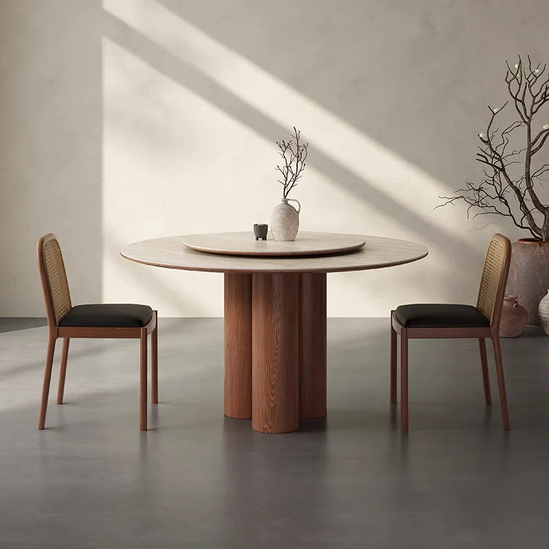 

French retro solid wood dining table household small apartment walnut negotiation table designer rock slab round dining table an