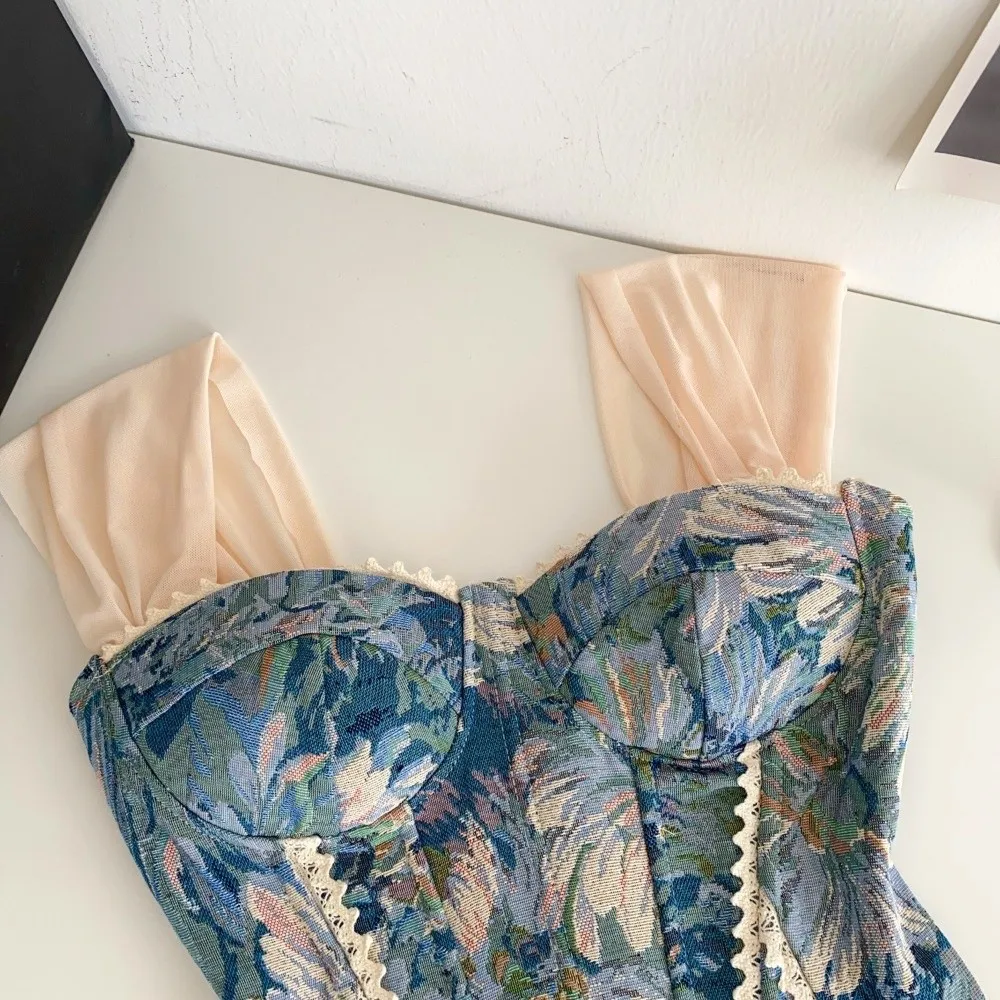 Tank Top Slim Fit Fishbone Corset Floral Print Sleeveless Women's Camisole Lace-up Back Crop Tops Beach Wear