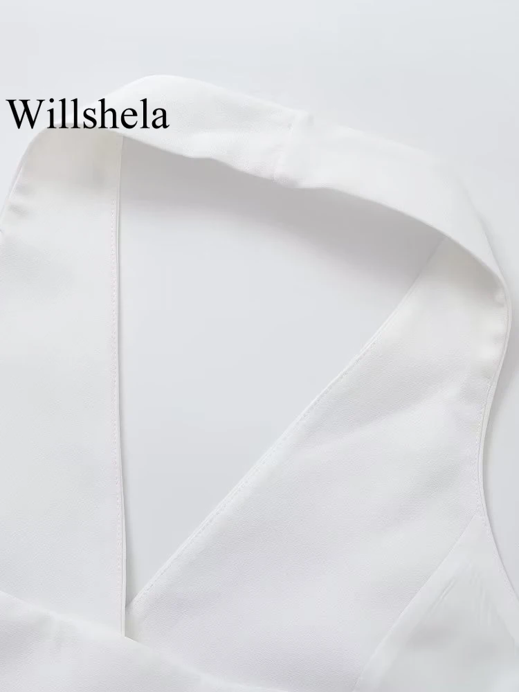 Willshela Women Fashion White Appliques Backless Waistcoats Vintage Halter Neck Sleeveless Jackets Female Chic Lady Tank Tops