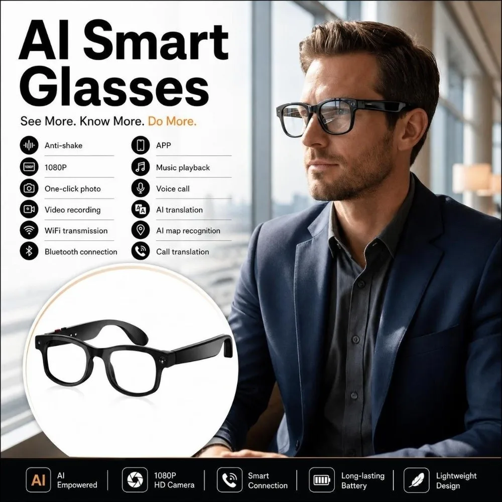 2 in 1 AI Smart Glasses HD Photo Video Voice Real-time Translation Smart AI Glasses Anti-Blue Light Call Translation view 3