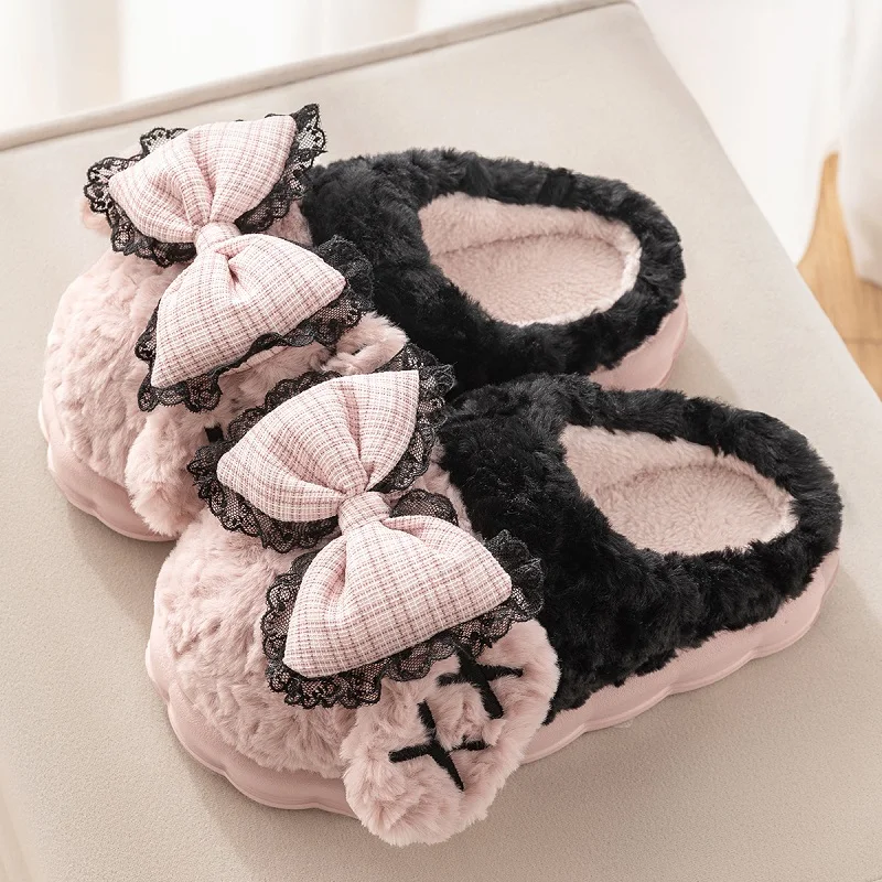 

Newest fluffy bowknot pink slippers women's sweet warm furry slides woman designer mules lolita shoes house clogs purple slipper