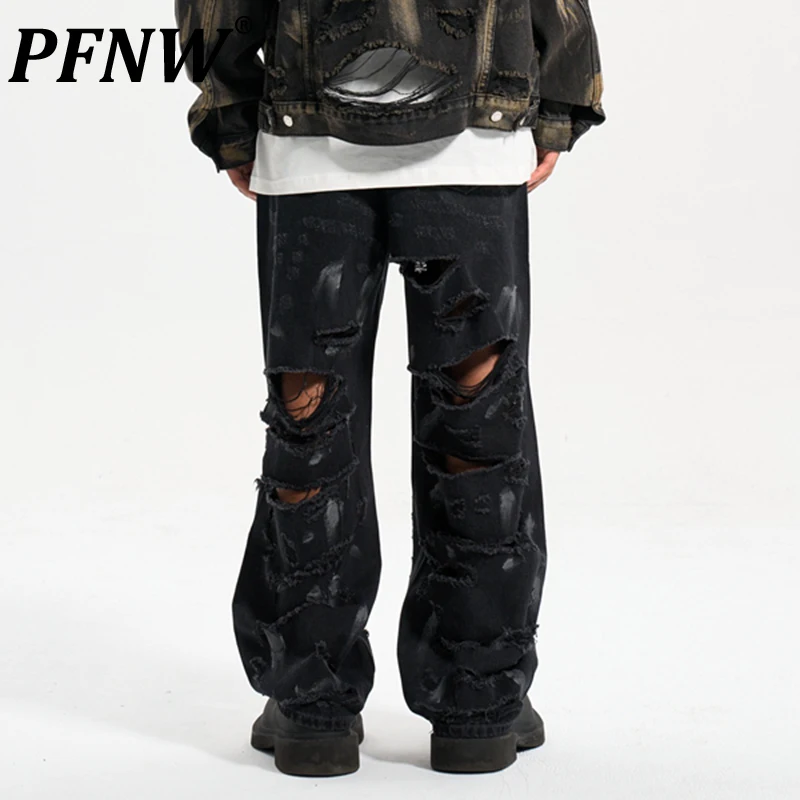 

PFNW Men's Denim Pants Worn-out Hole Mud Dyeing Straight Menwear Wide Leg Loose Solid Color Male Trousers New Chic 12C624