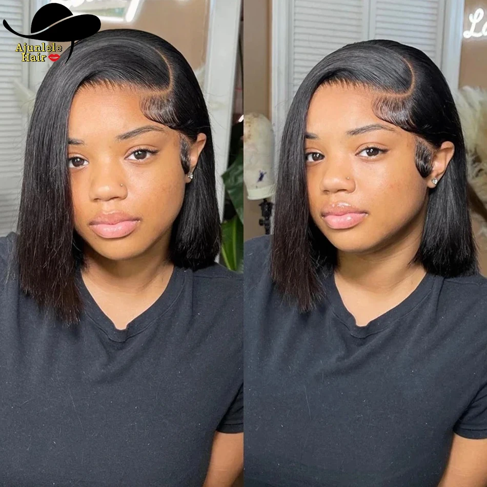 

Ajunlele Short Bob Wig Transparent Lace Closure Wig Remy Hair Straight Bob Wigs Pre Plucked 13x4 Lace Front Wigs For Black Women