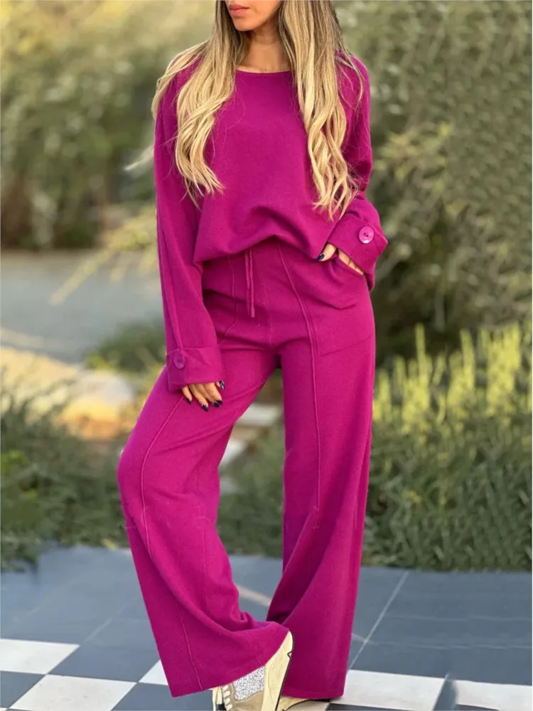 

Women's Casual Two-Piece Set, Long-Sleeve Top, Wide-Leg Pants, Female Y2K Trousers, Monochromatic, New, Autumn