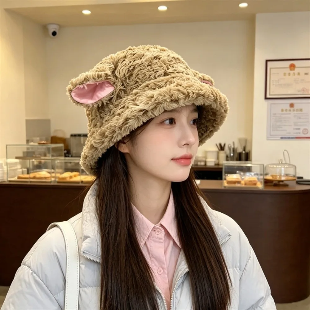 Cartoon Plush Plush Bucket Hat Fluffy Fuzzy Sheep Fisherman Hat Soft Warm Lamb Ear Hat Party