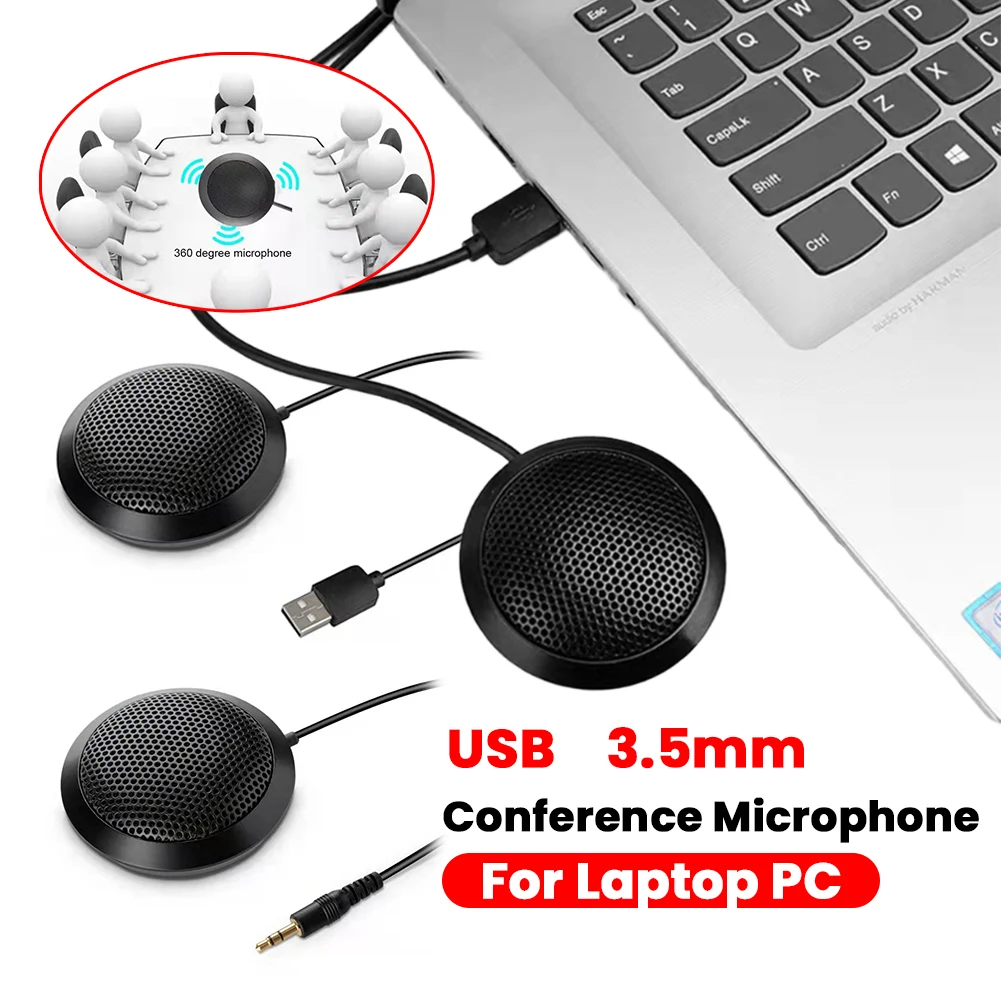 Micrófono de Conferencia USB/3.5mm con Base Antideslizante 360 ° Micrófono Condensador Omnidireccional para Reuniones/Clases en Línea