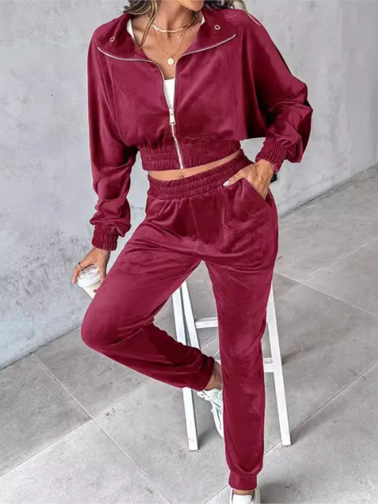 

Autumn And Winter Fashion Casual Trousers Set Women's Street Style Solid Color Gold Velvet Long-sleeved Trousers Two-piece Sets