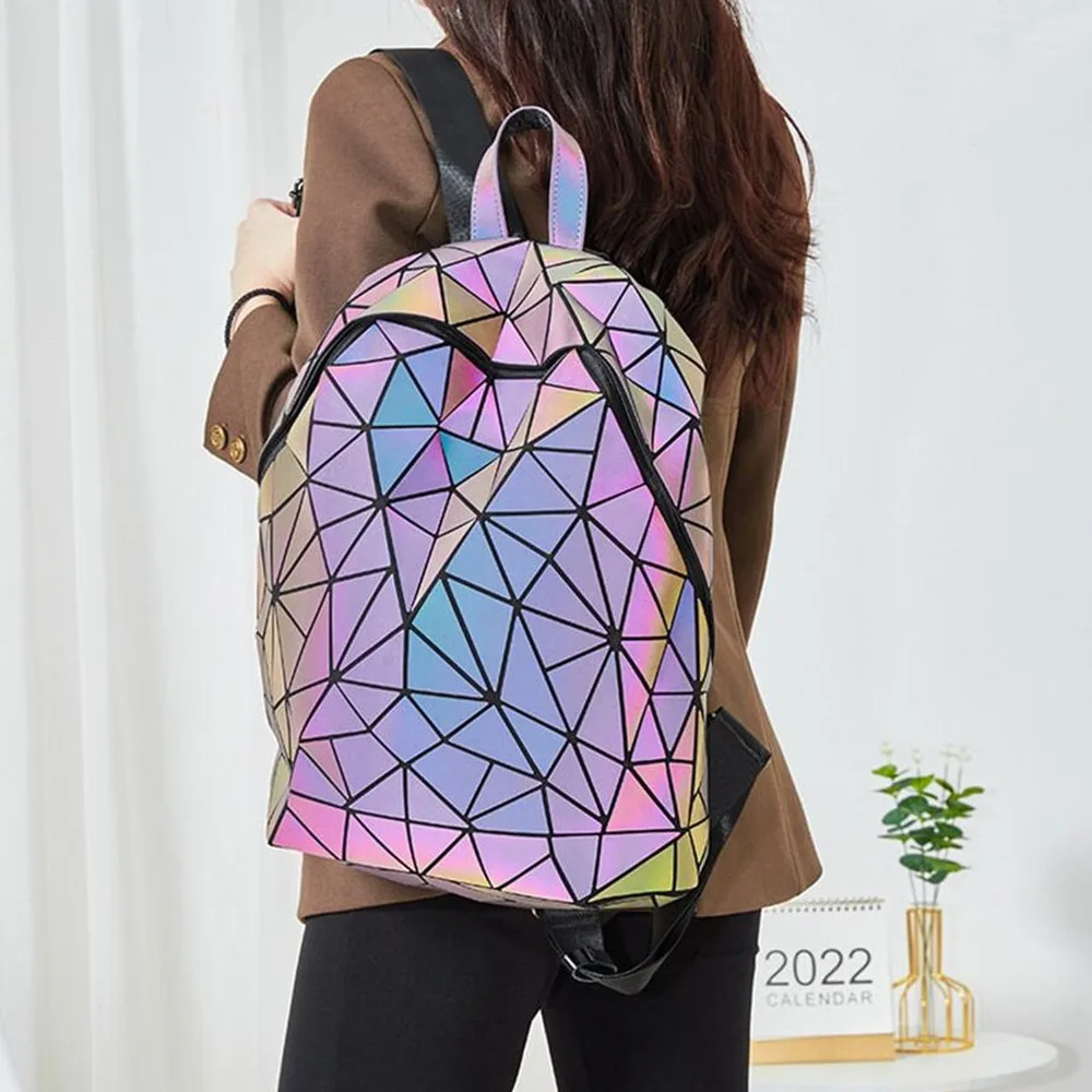 Zaino da donna luminoso alla moda/zaino pieghevole olografico con rombo geometrico/zainetto per studenti adolescenti per viaggi all\'aperto