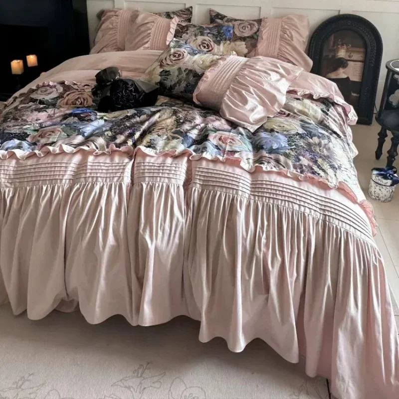 French Bedroom Retro Rose Cotton Bed Skirt Four Piece Set Long Staple Cotton Girl Princess Style Lotus Leaf Lace Duvet Cover