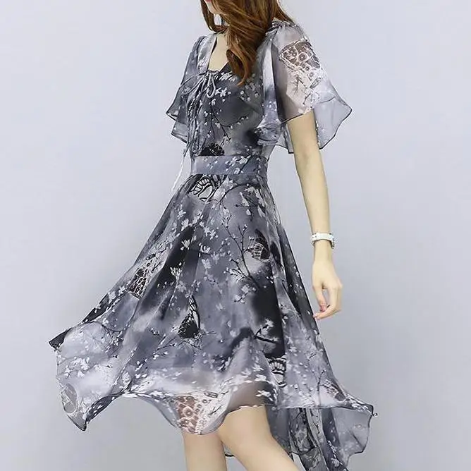 

French Floral Women New 2025 Ink Painting Retro Waist-closed and Short-sleeved Fashionable Dress
