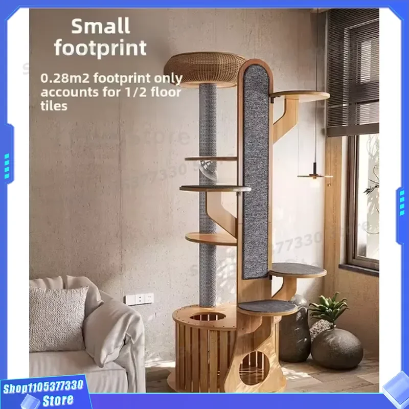 190cm Solid Wood Cat Tree Modern Luxury Multi Layer Nest Bed Jumping Platform Wear Resistant Climbing Frame Scratching Board