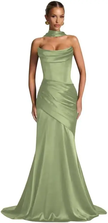 

Women's Satin Prom Dresses with Scarf Mermaid Long Strapless Formal Evening Party Gown Evening Dresses