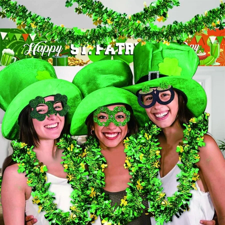 Guirnalda de oropel del Día de San Patricio de 33 pies, guirnalda verde con trébol, decoraciones del Día de San Patricio para fiesta del Día de San Patricio