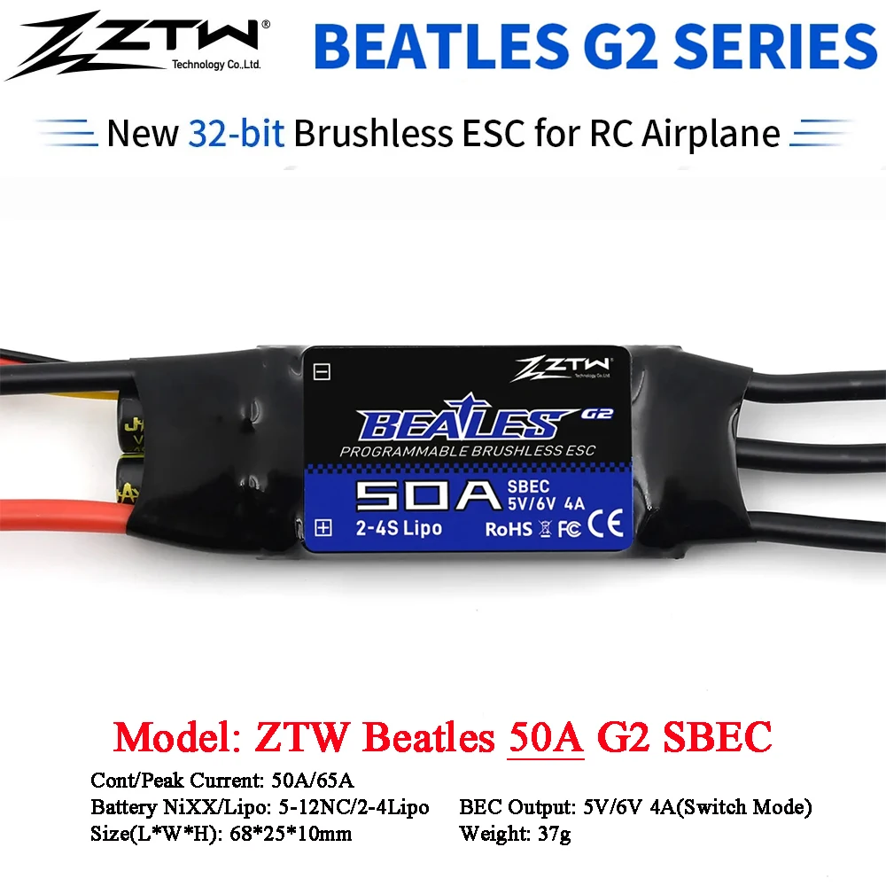 ZTW ESC Beatles 20A/30A/40A/50A/60A/80A/100A G2 SBEC 5/6V 8A 2-6S 32-Bit Brushless Speed Controller For RC Airplane Fixed-wing