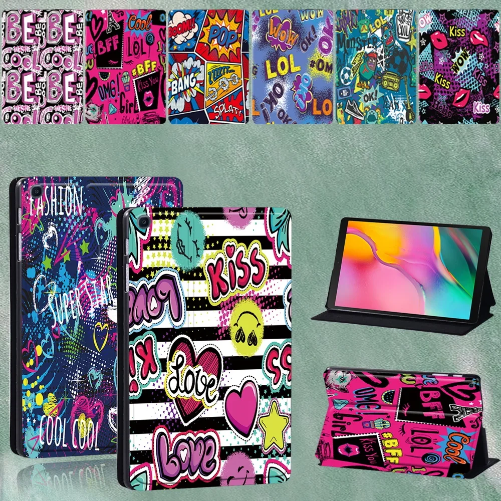 

Tablet Case for Samsung Galaxy Tab A 8.0 Inch SM-T290 SM-T295 2019 PU Leather Graffiti Series Pattern Stand Protective Case