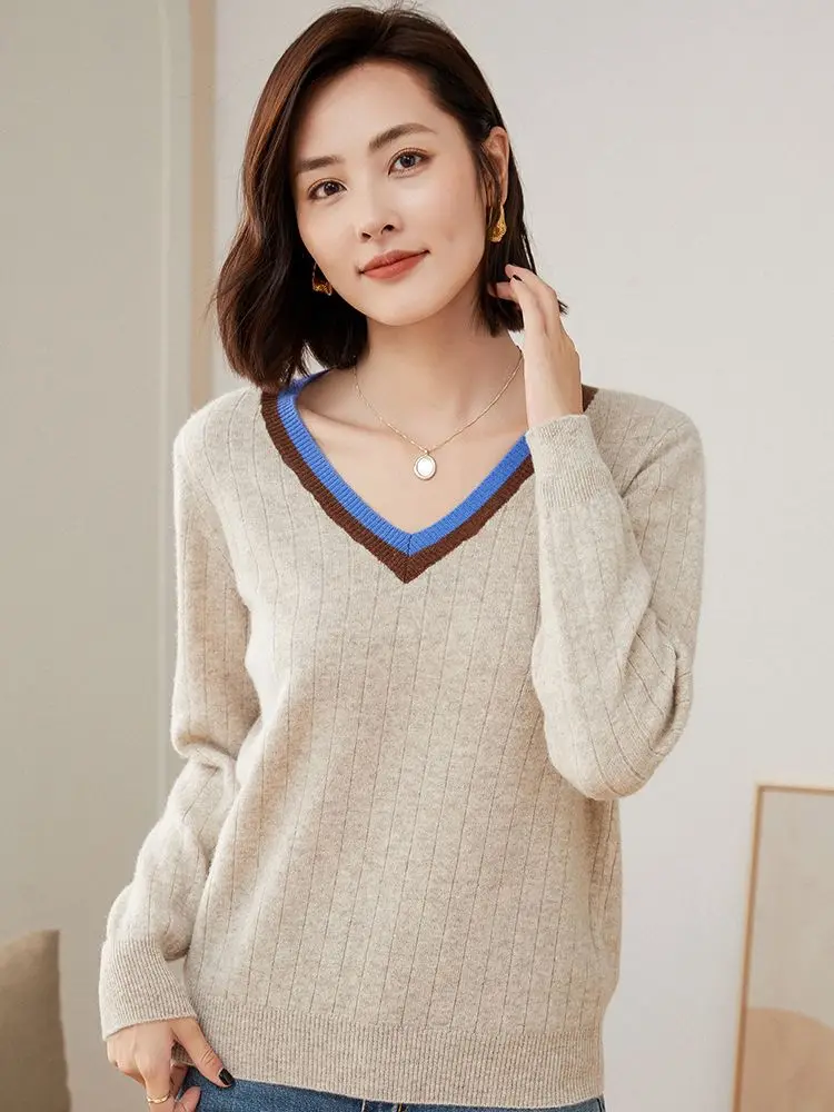 Women\'s Autumn Sweater V-Neck Long Sleeve Pullover 100% Merino Wool Multicolor Cashmere Knitwear Female Clothing Grace Tops