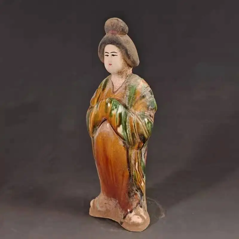Chinese Tang Dynasty Tri-Color Glazed Ceramic Figurine Maid Porcelain Statue 10.0