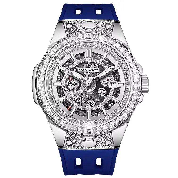 HANBORO Men Automatic Watch 42mm Mechanical Wristwatch Sapphire Mirror Luminous Skeleton Dial Miyota 8217 Quick Release Strap