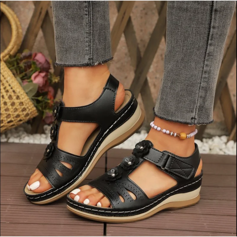 2025 Summer Women Sandals New Hollow Out Wedge Flowers Casual Sandalias Retro Platform  Comfortable Plus Size