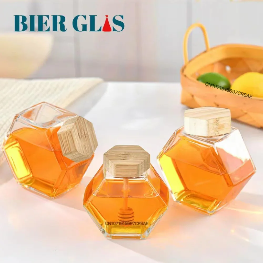 Hexagon Honey Jar 5 6pcs With Dipper Dispenser Glass Bottle Packaging Spoon Bamboo Lid Kitchen Storage Containers Containers Bot