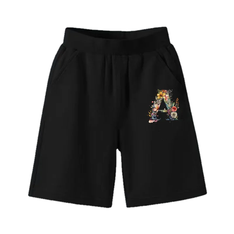 

3-14years Summer Girls Shorts Cute A To Z Alphabet Combination Flowers Sport Five-point Pants Student Cotton Half Straight Pants