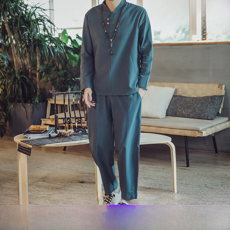 

Летняя мужская футболка из чистого хлопка и льна с коротким рукавом, тонкая, в стиле ретро Ханьфу, с V-образным вырезом, стандартного кроя, с антиоксидантным эффектом